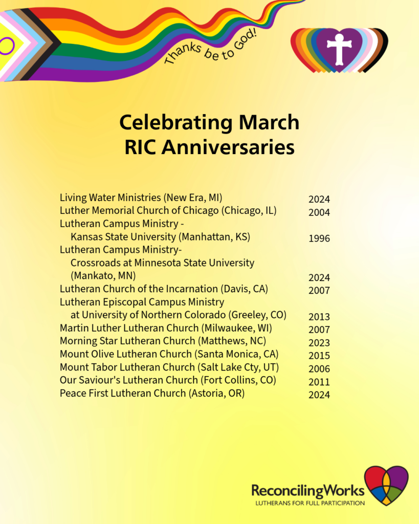 Graphic with the names of 12 (of 60) ministries that are celebrating an RIC Anniversary this month. 