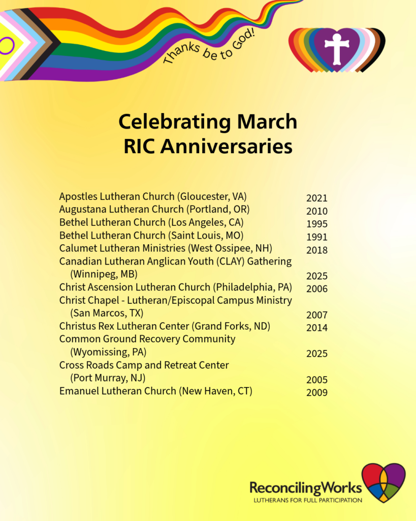 Graphic with the names of 12 (of 60) ministries that are celebrating an RIC Anniversary this month. 
