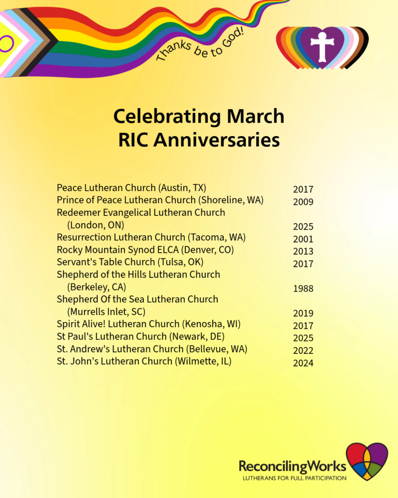 Graphic with the names of 12 (of 60) ministries that are celebrating an RIC Anniversary this month.