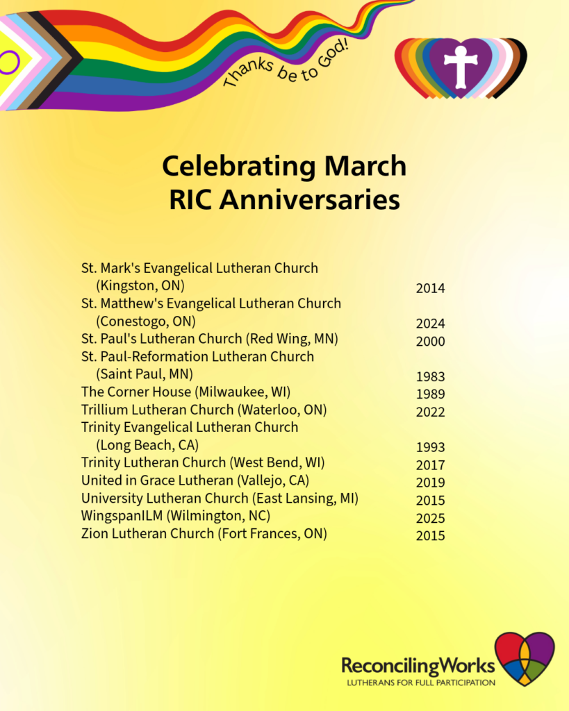 Graphic with the names of 12 (of 60) ministries that are celebrating an RIC Anniversary this month.